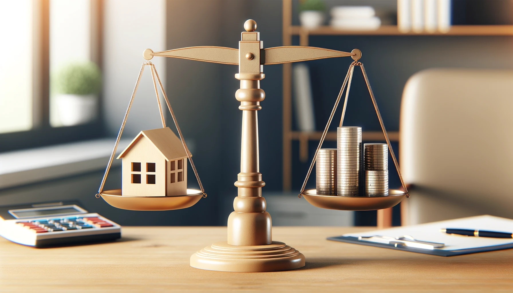 Balanced scales with a model house on one side and a stack of coins on the other, in an office setting.
