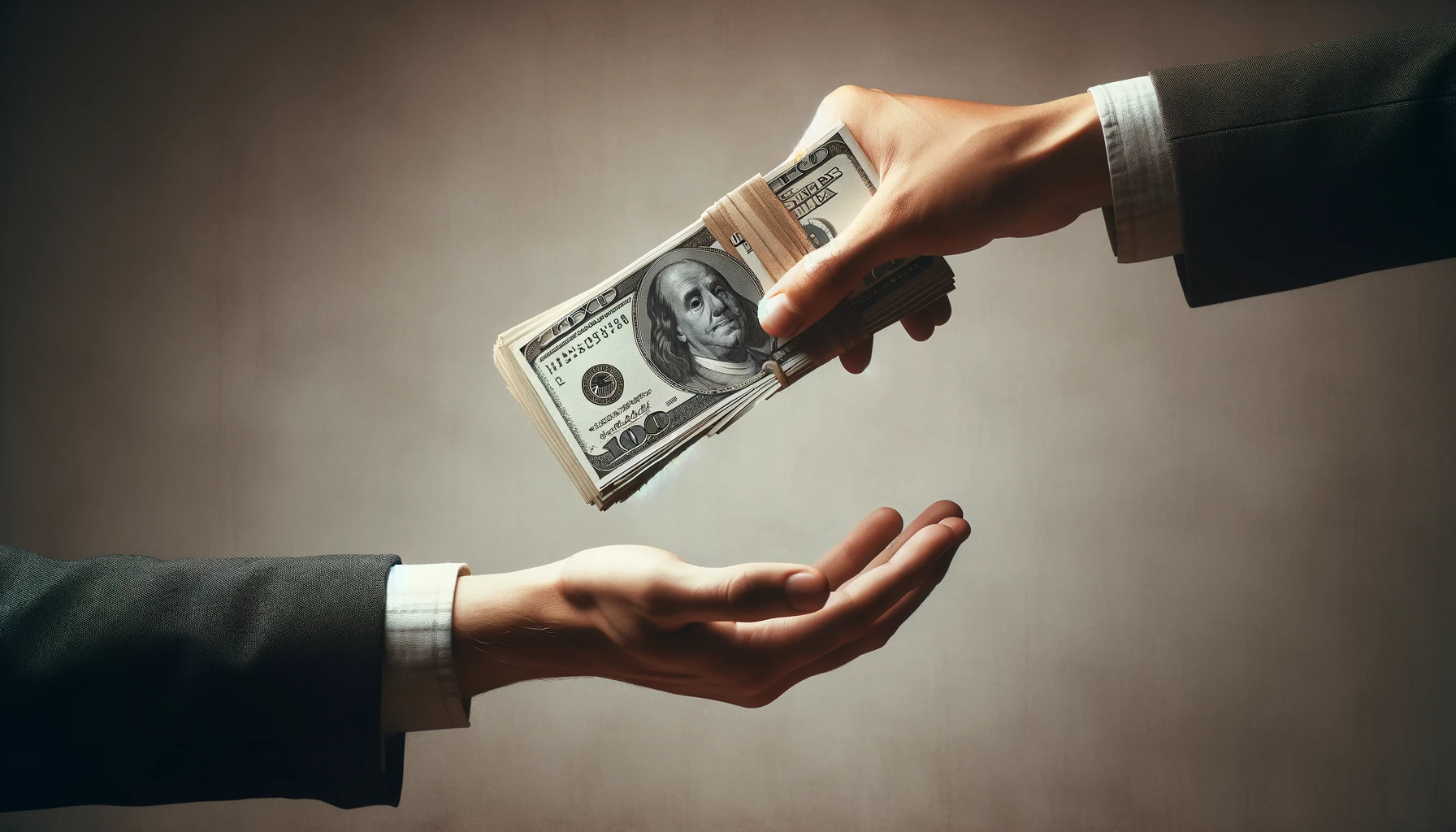 A person's hand passing a stack of cash to another's outstretched hand, representing a financial transaction of returning funds in a Rockford, MI real estate context.