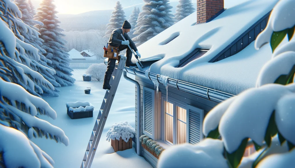 A person in winter gear maintains a home's gutters in Rockford amidst a snowy landscape