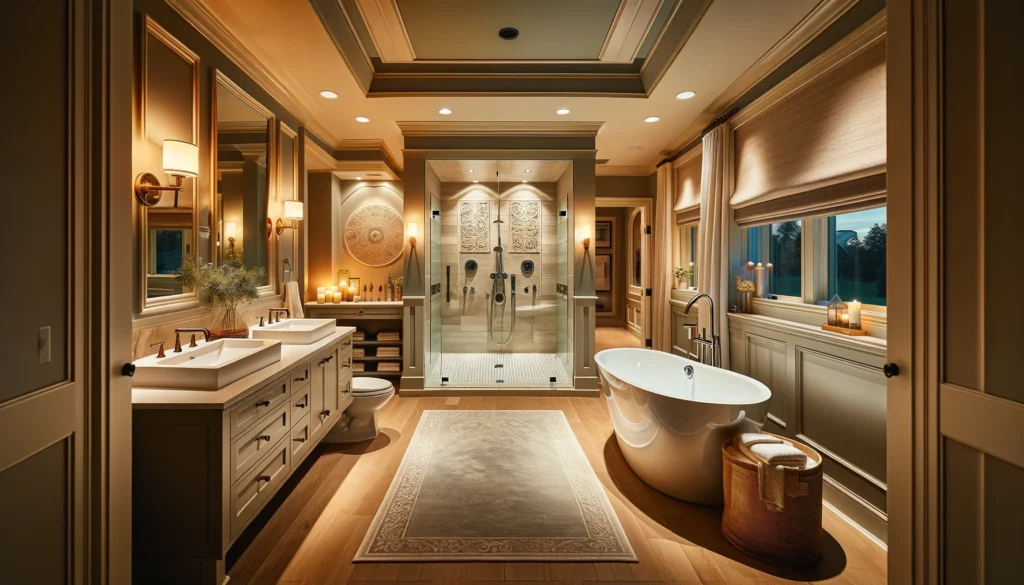 Luxury spa bathroom with soaking tub and modern shower in Rockford home