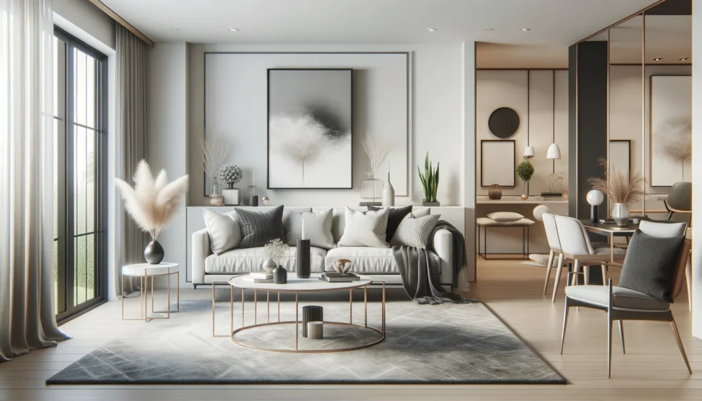 A modern living room with contemporary furnishings, elegantly staged for real estate showcasing