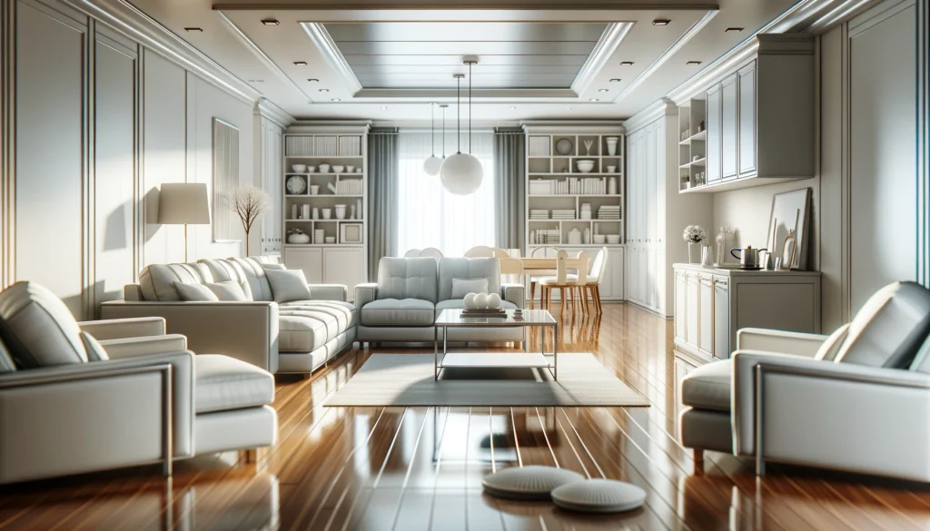 A pristine living room interior with polished surfaces and neatly arranged furniture