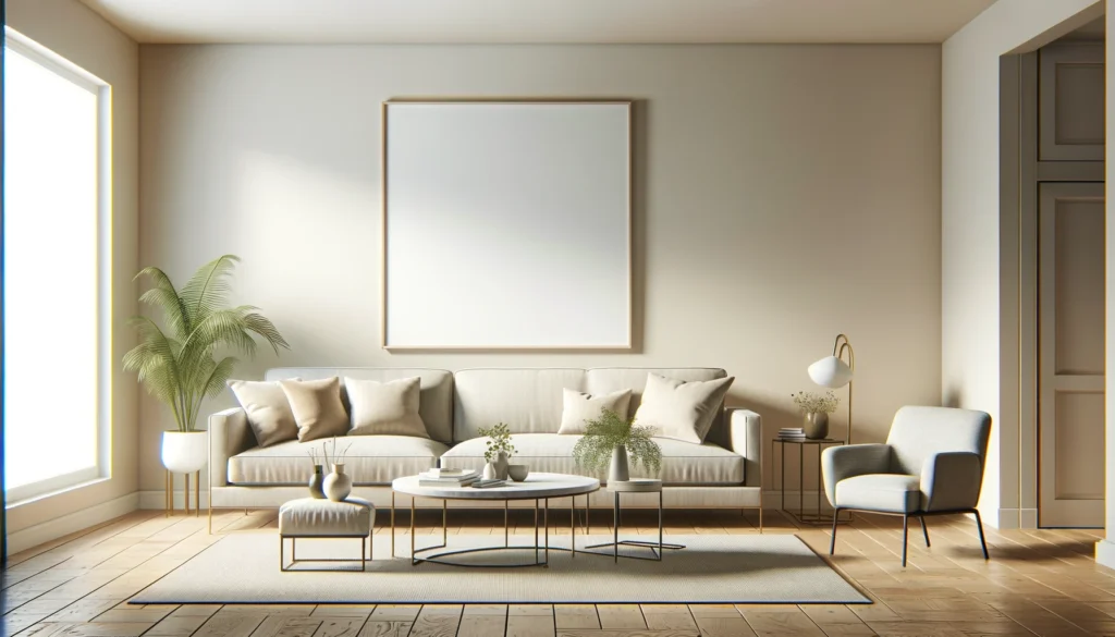 A living room with neutral, minimalist furniture and an empty wall space, free of personal items.