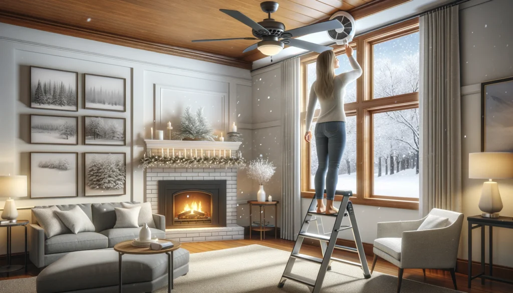 A woman adjusts a ceiling fan in a cozy Rockford home with a winter setting outside