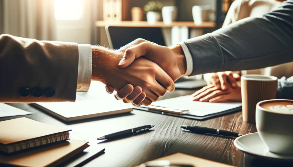 A handshake between two people in a business setting, with a desk, laptop, and office supplies in the background.