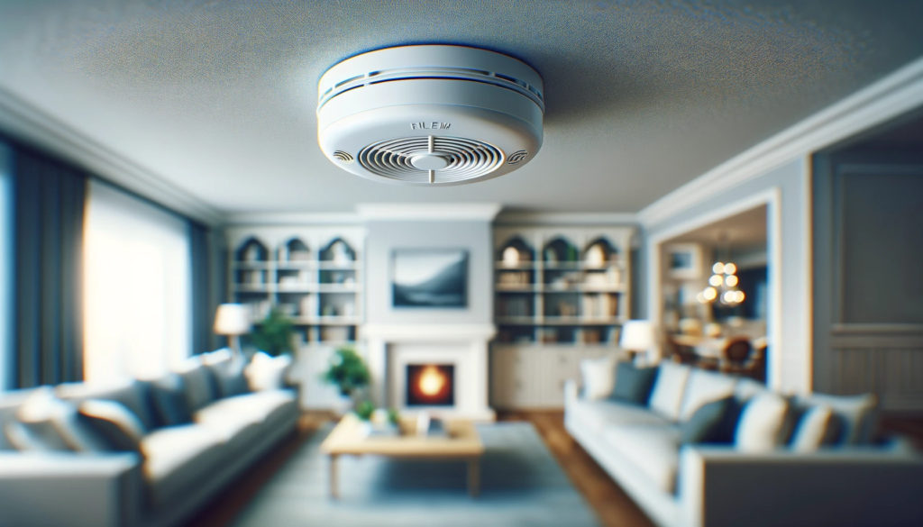 A smoke detector on a ceiling in a cozy living room, with a focus on winter maintenance in Rockford.