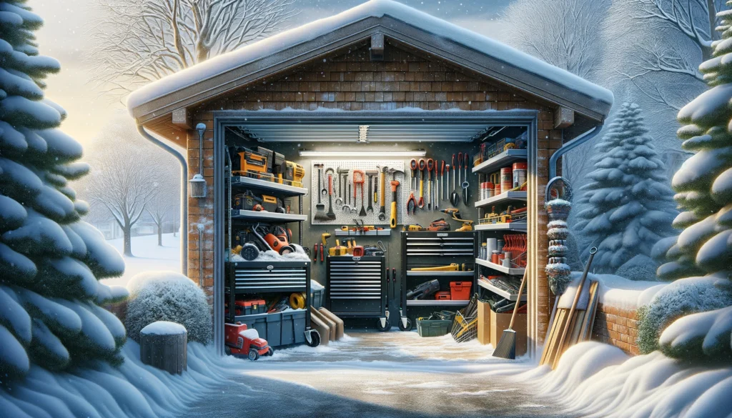 A garage in Rockford with organized tools and a snowy exterior, symbolizing winter home readiness