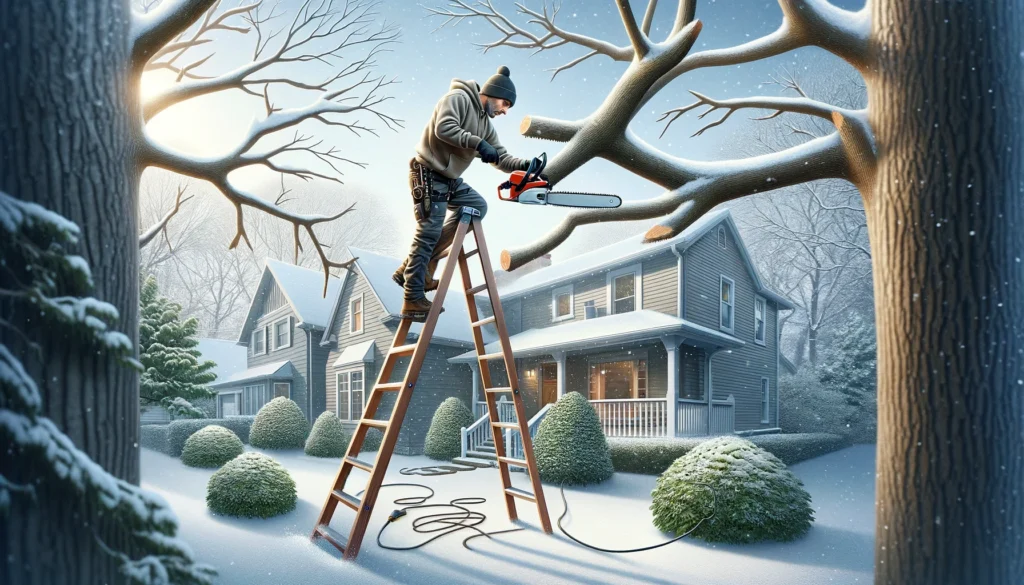 A professional safely trims tree branches over a Rockford home in light snow.