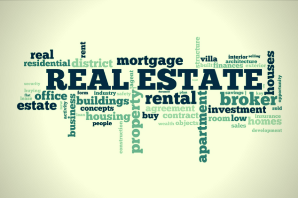 A word cloud shaped like a key, featuring terms related to real estate such as 'REAL ESTATE', 'broker', and 'mortgage'.