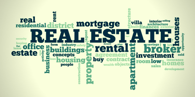 A word cloud shaped like a key, featuring terms related to real estate such as 'REAL ESTATE', 'broker', and 'mortgage'.