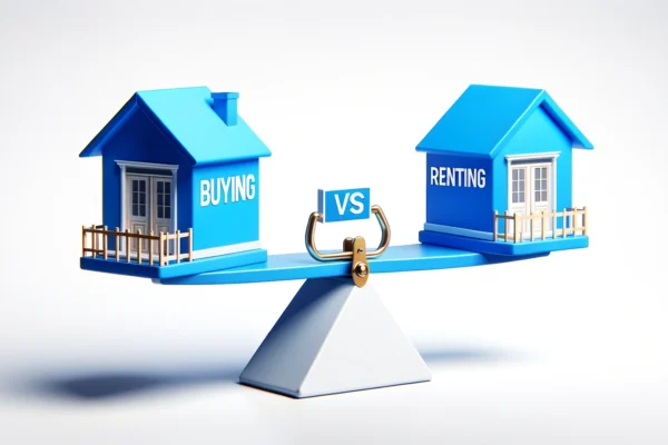 A seesaw balances two houses against a white background, with 'BUYING' on a blue house to the left and 'RENTING' on a yellow house to the right, separated by a 'VS' sign, illustrating the choice between renting or buying a home in Rockford, MI.