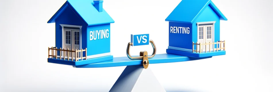 A seesaw balances two houses against a white background, with 'BUYING' on a blue house to the left and 'RENTING' on a yellow house to the right, separated by a 'VS' sign, illustrating the choice between renting or buying a home in Rockford, MI.