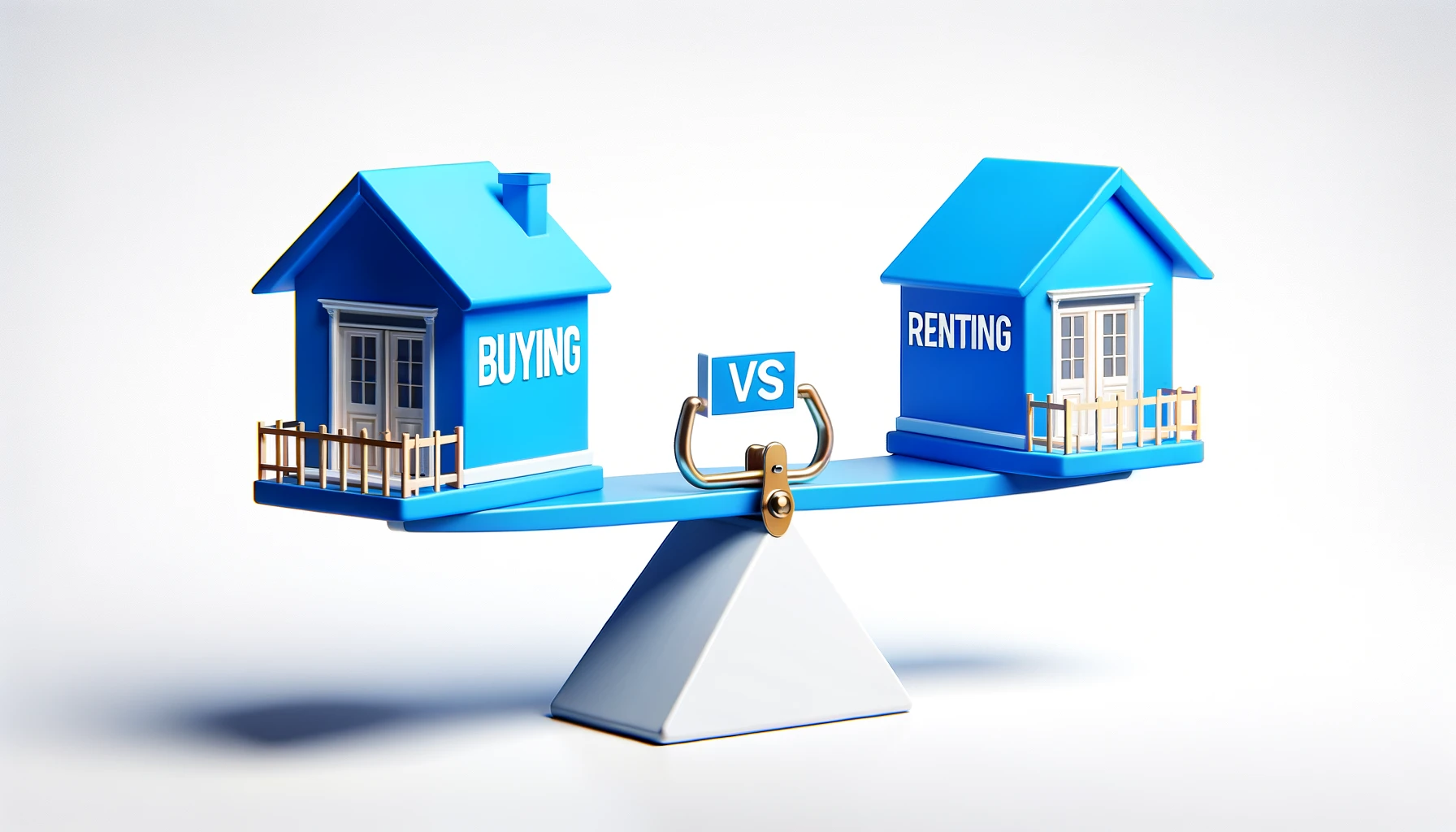 A seesaw balances two houses against a white background, with 'BUYING' on a blue house to the left and 'RENTING' on a yellow house to the right, separated by a 'VS' sign, illustrating the choice between renting or buying a home in Rockford, MI.