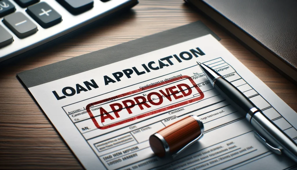 Loan application with 'APPROVED' stamp, pen, and calculator on a desk symbolizing homebuyer loans in Rockford, MI.