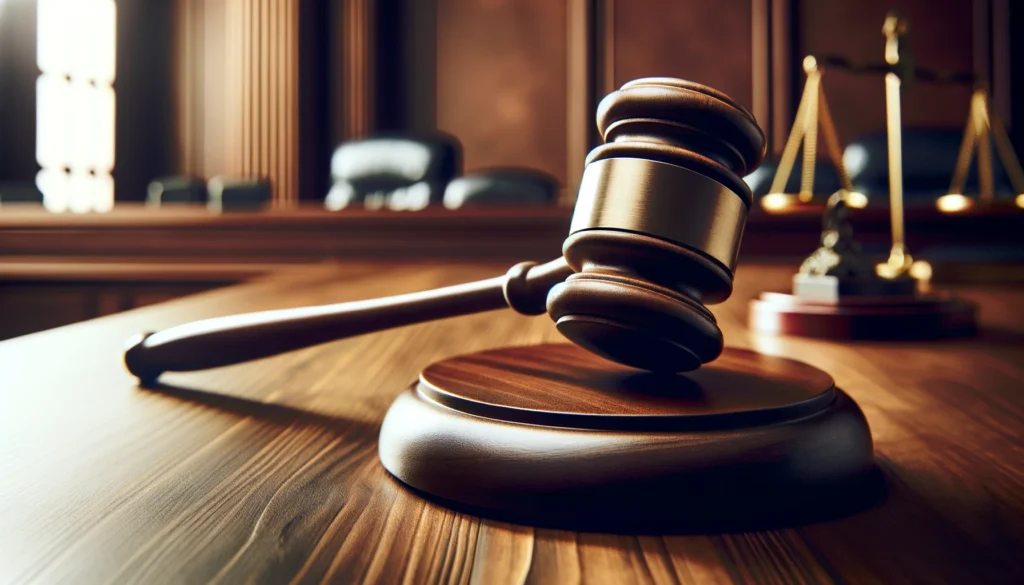 A judge's gavel and sound block on a wooden surface, with the blurred background of a courtroom, representing legal proceedings in Rockford, MI real estate.