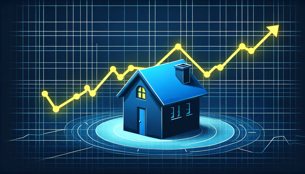 Graph showing housing market trends in Rockford over an illustration of a blue house, indicating fluctuations in whether to buy or rent.