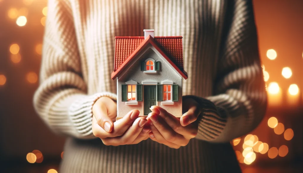 Person cradling a model home in their hands, symbolizing the housing decision to buy or rent in Rockford.