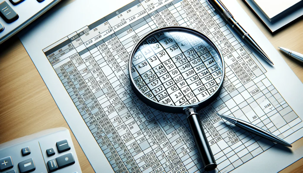 A magnifying glass closely examining a spreadsheet full of numerical data, symbolizing meticulous analysis in Rockford, MI real estate.